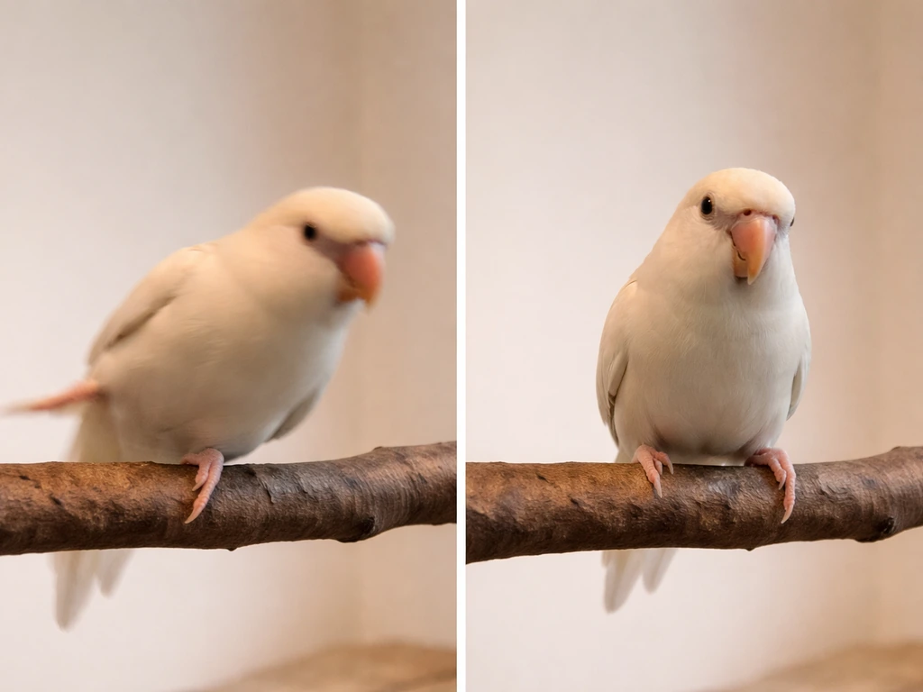 Two-frame side-by-side: bird slipping off a perch vs landing steadily on the same perch.