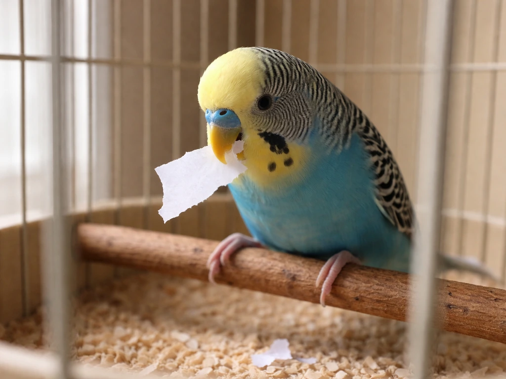A small pet bird inside its cage chewing a tiny torn piece of paper.