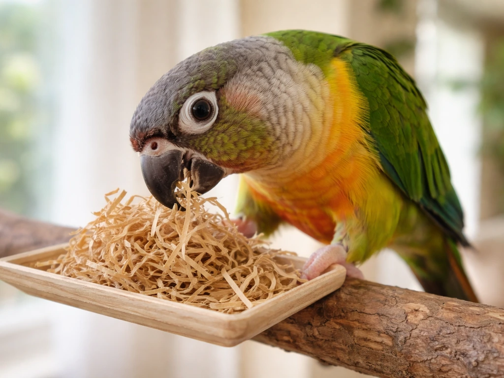 Close-up of a pet parrot chewing a safe paper chew item on a wooden perch.
