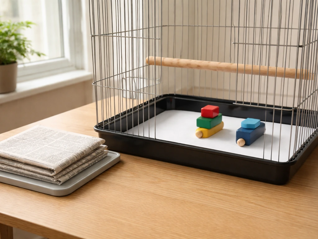 Birdcage with plain unprinted paper liner installed, printed liner removed and set aside, simple enrichment added.