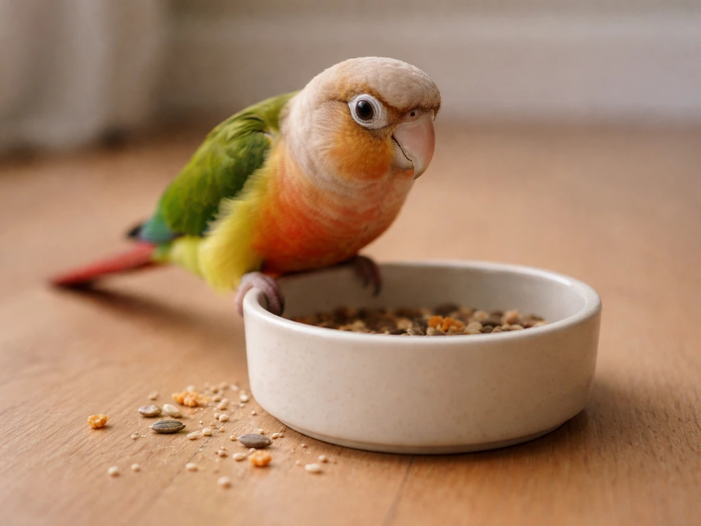 Pet parrot perched by a food bowl with a few scattered seeds on the floor