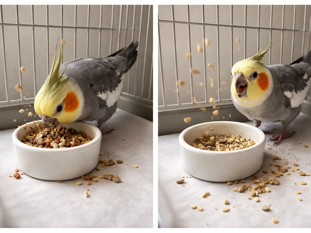 Two-panel photo-style image: bird eating and tossing food on one side; bird flinging food with an empty bowl on the othe