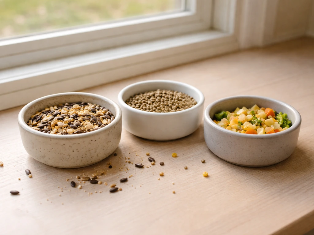 Close-up of a simple bird feeder with seed and pellet dishes arranged to suggest portioning and tossing.