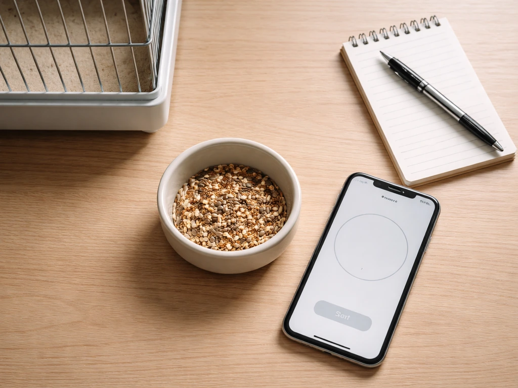 Overhead view of a bird cage area with a food bowl, smartphone timer, and notepad for 10-minute observation.