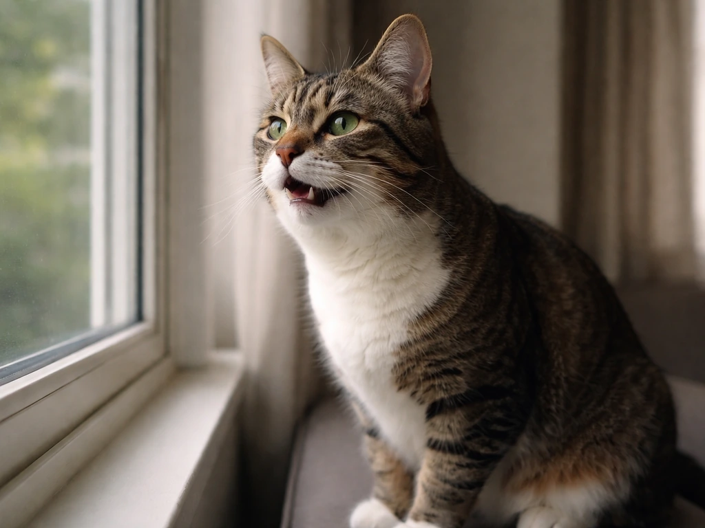 Indoor cat on a windowsill staring out, mouth slightly open as if chattering at a bird.