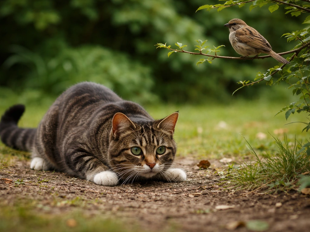 Crouched cat with slow-swishing tail stares intensely at a bird in a quiet garden