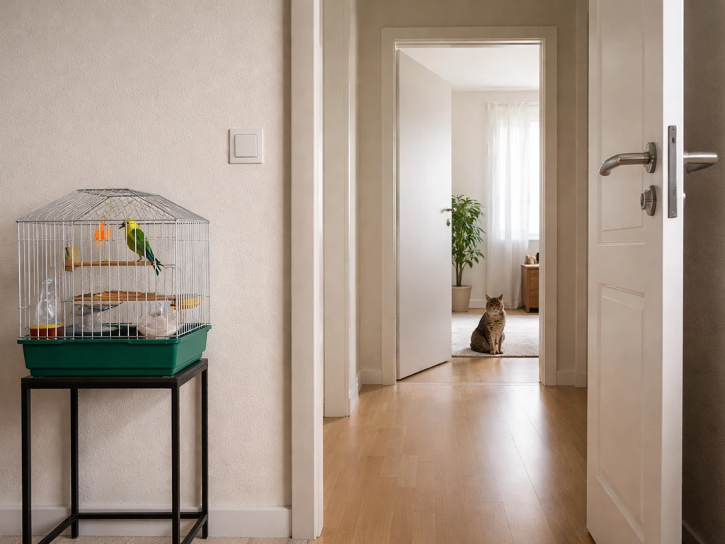 Home scene showing a cat secured in another room with a bird cage safely placed behind a closed door.