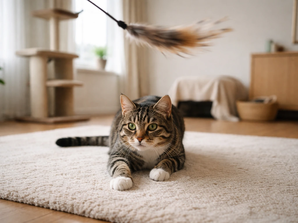 Tabby cat playing with a wand toy in a simple room with a perch and covered hide for enrichment.