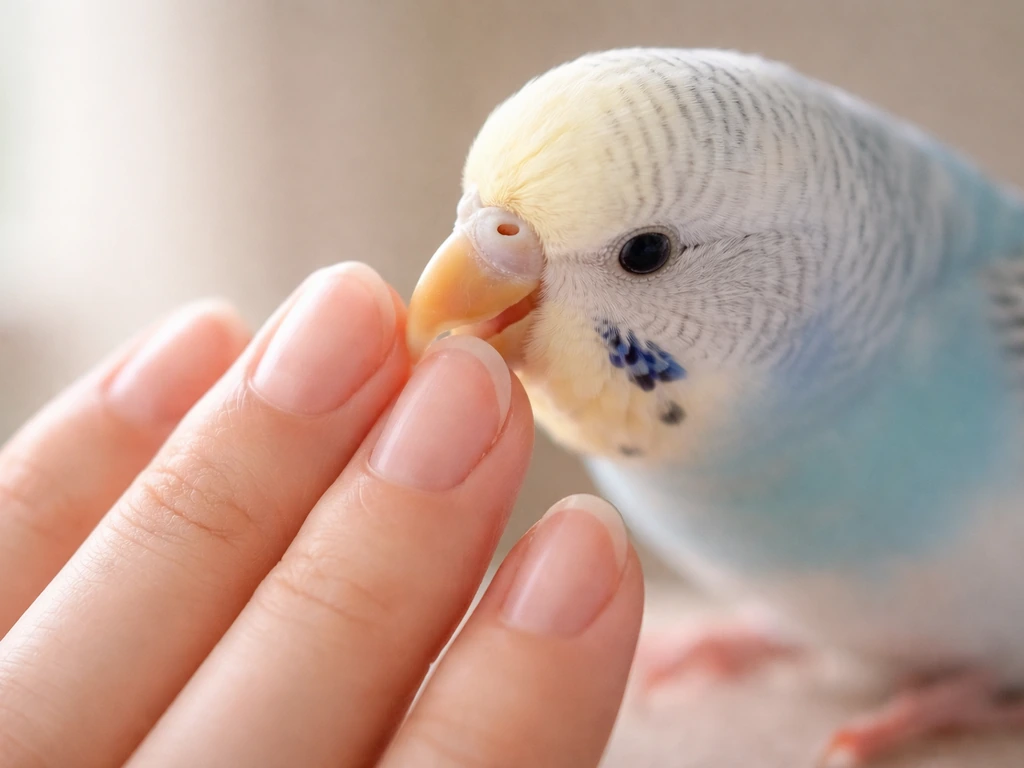 A pet bird gently nibbling the tips of a human’s fingernails in a close-up, non-graphic shot.