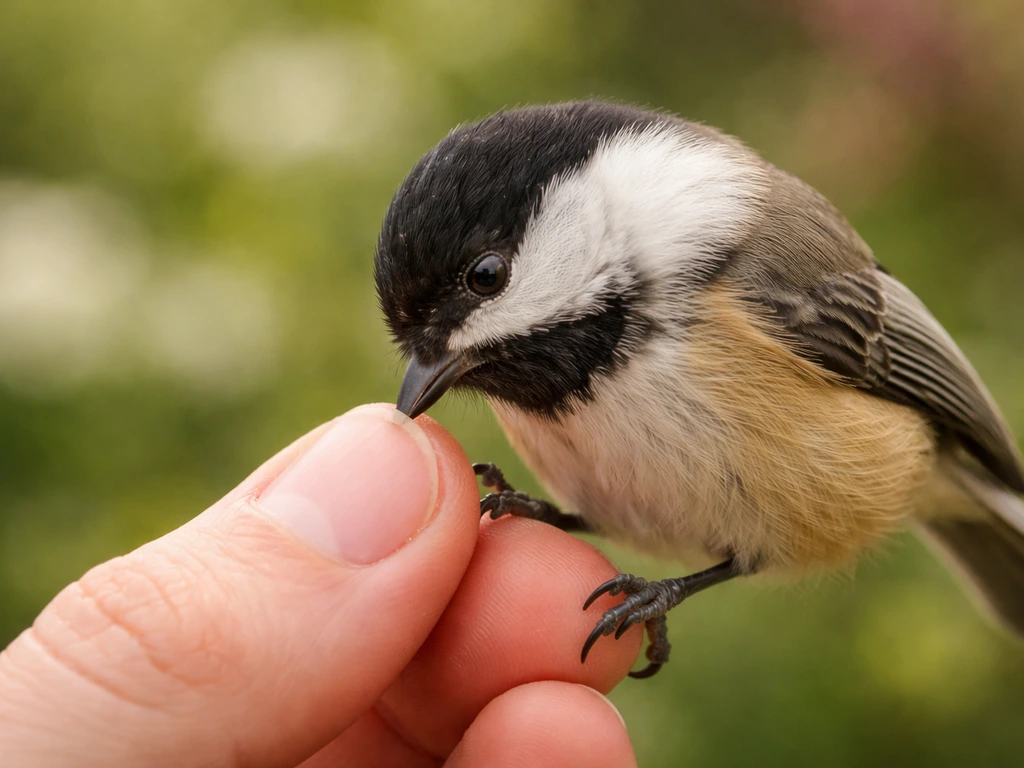 Small bird perched on a hand, gently nibbling a fingernail in a curious way.