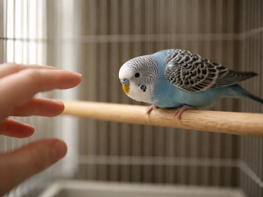 Pet bird perched tense as a hand approaches, showing fearful body language that may trigger nail targeting.