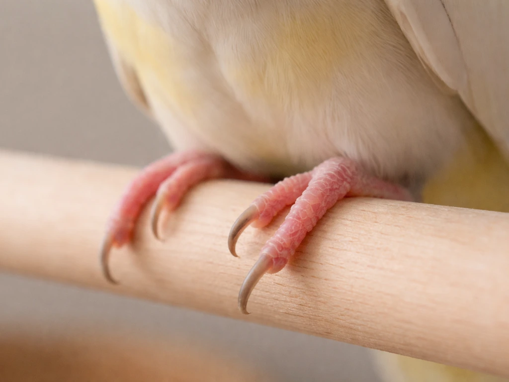 Close-up of a small bird’s foot showing uneven, overgrown nails with mild irritation on the toe