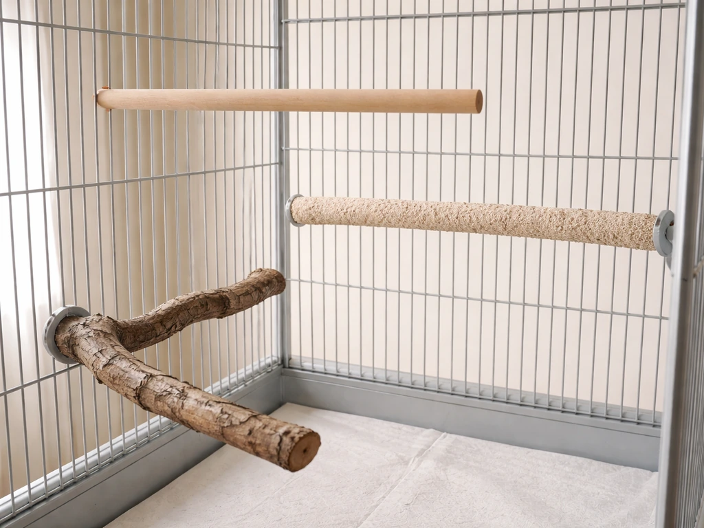 Bird cage interior with smooth dowel and textured perches arranged for better foot comfort.