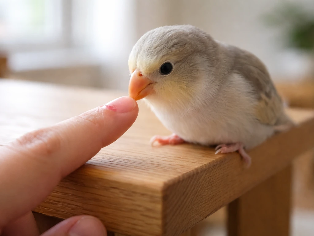 Close-up of a bird beak near a human fingertip with a small red, non-graphic wound and swelling