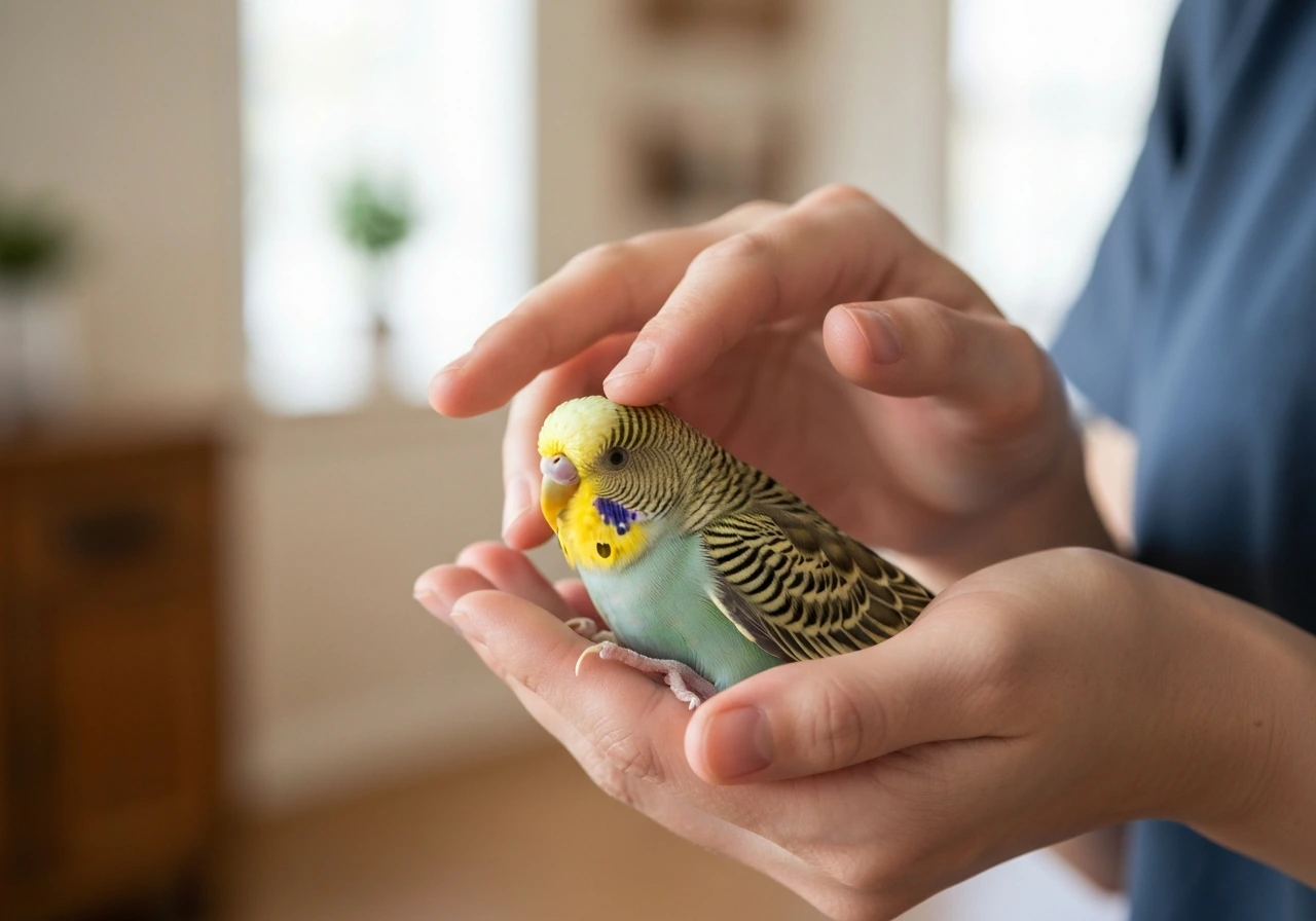 Caregiver’s hands gently supporting a small pet bird in a safe, comforting position