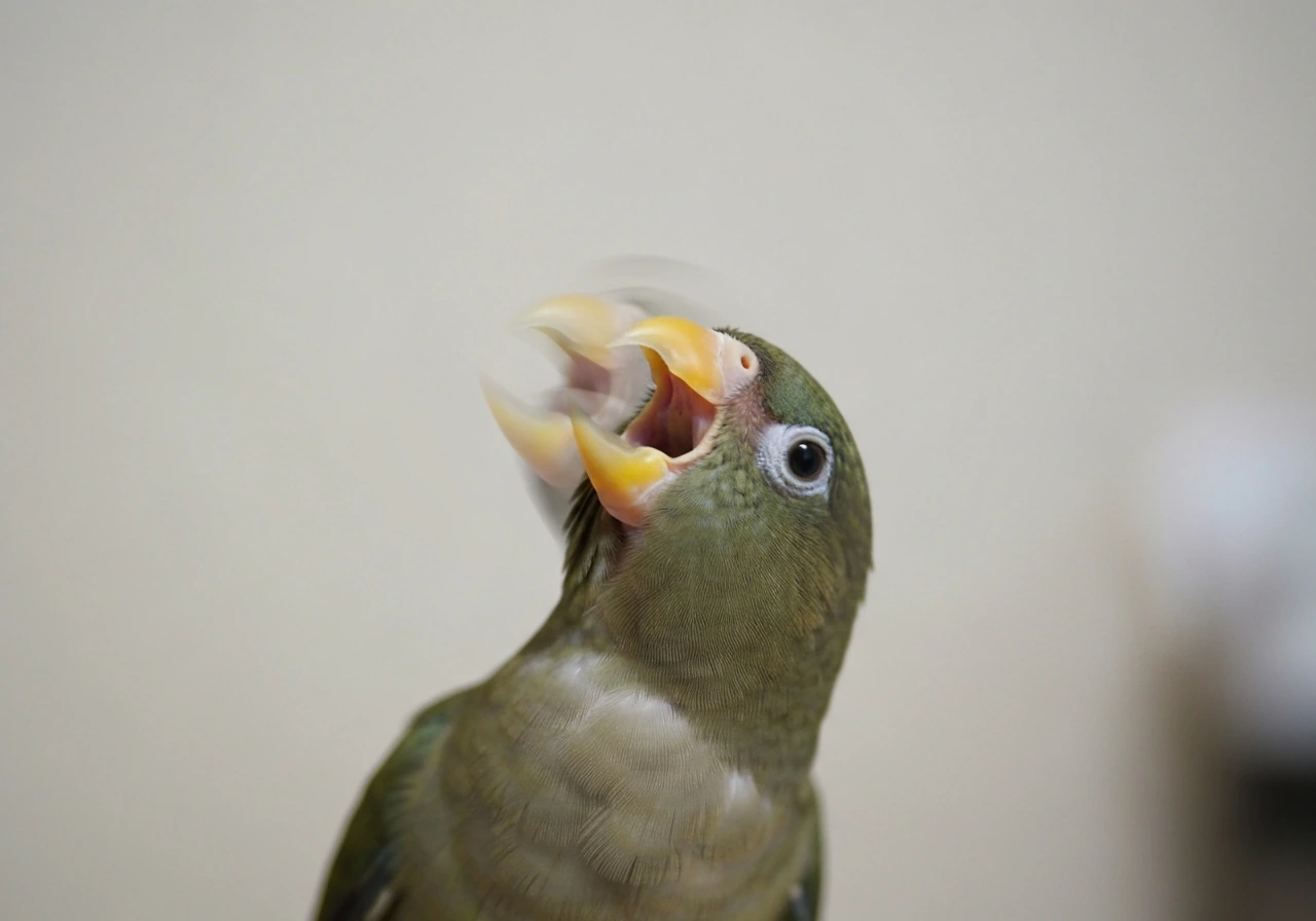 Close-up of a small bird with its beak slightly open and neck stretched, signaling possible choking