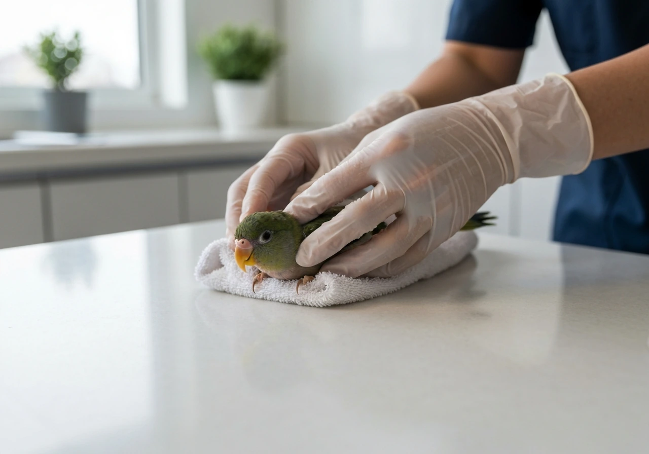 Gloved hands gently wrap a small bird in a towel while keeping the beak area clear