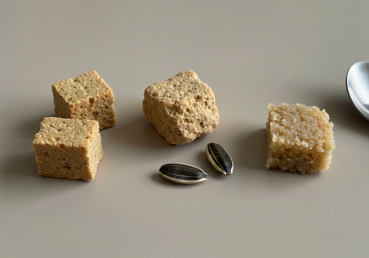 Close-up of oversized hard chunks, large seeds, and sticky dough-like food pieces on a plain surface.