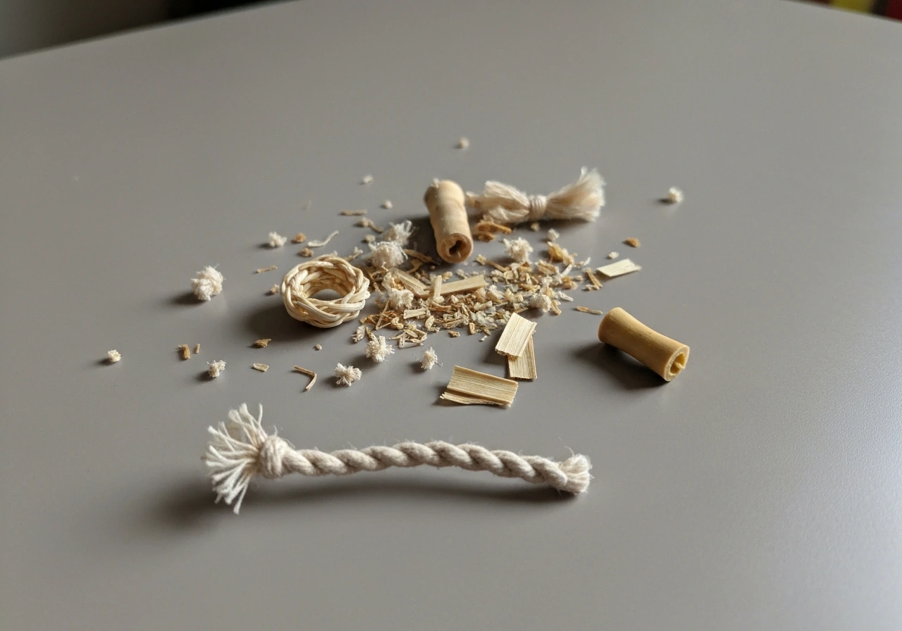 Close-up of scattered string/rope fragments and small wicker bits like bird choking hazards on a plain surface.