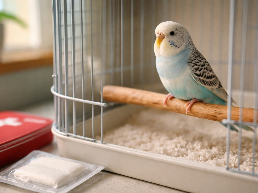 Calm pet bird perched in a cozy cage setting, veterinary first-aid context tones, no visible blood.