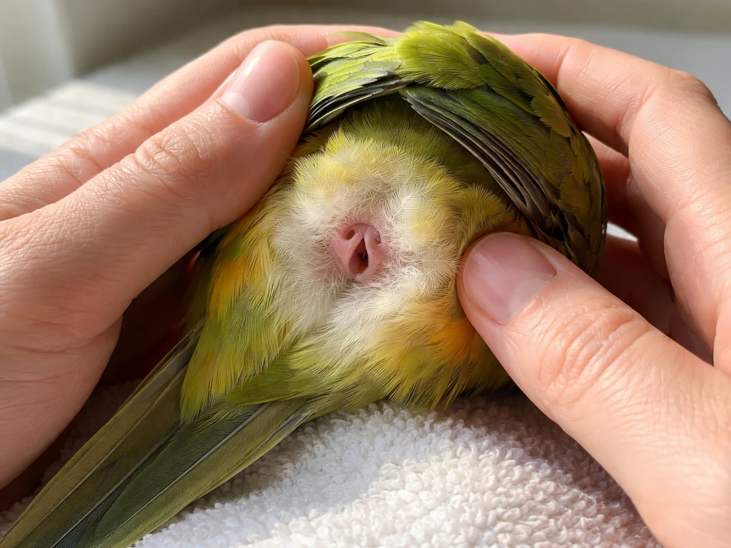 Close-up of a pet bird’s vent area being gently checked under bright light, non-graphic and calm.