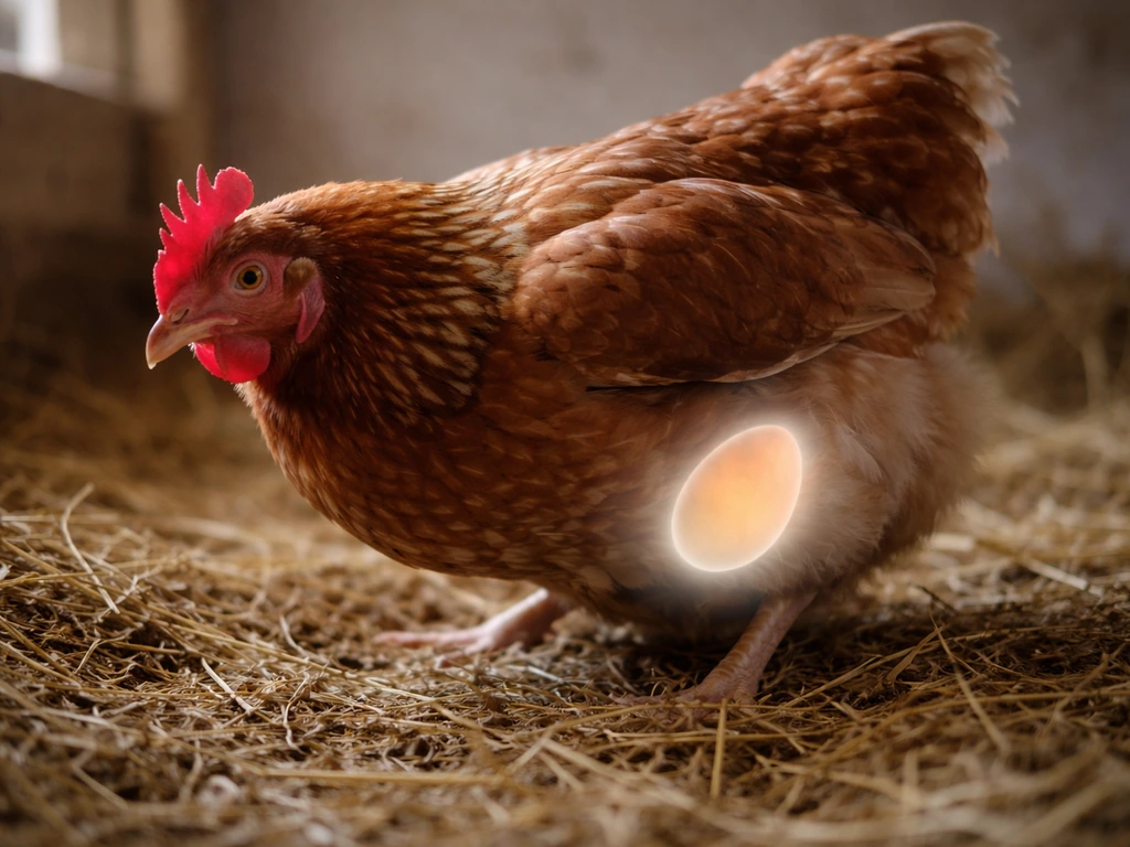 Hen straining in a simple coop with a subtle egg-shaped internal obstruction glow to suggest egg binding.
