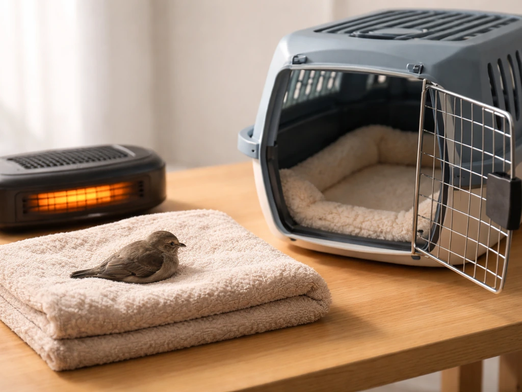 Warm towel and lined travel carrier set up for immediate first aid and vet transport for a small bird.