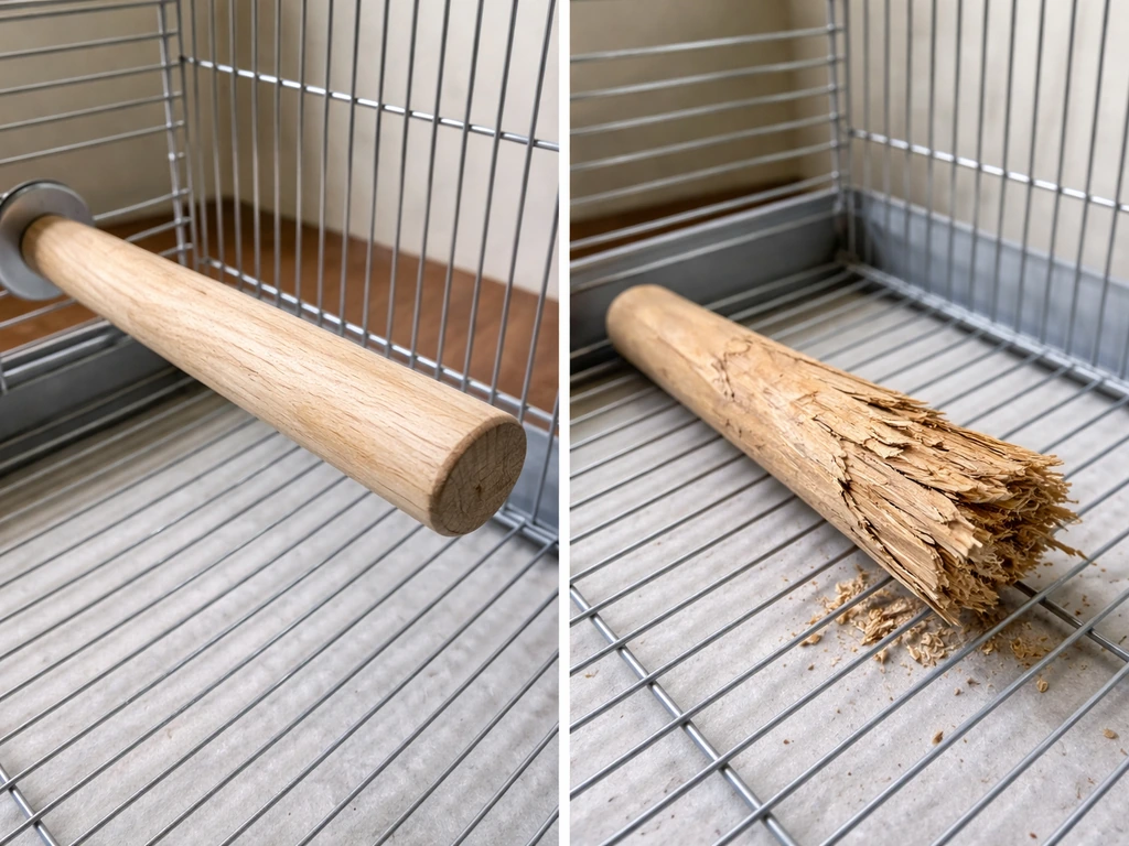 Clean bird cage area with smooth perch and safe flooring beside a separate splintered perch example