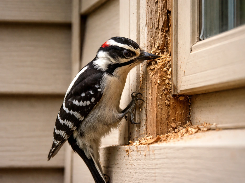 Woodpecker pecking into a house’s window frame trim in natural daylight.