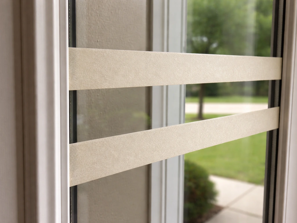 Masking tape strips applied to the outside of a window glass to reduce glare and visibility.