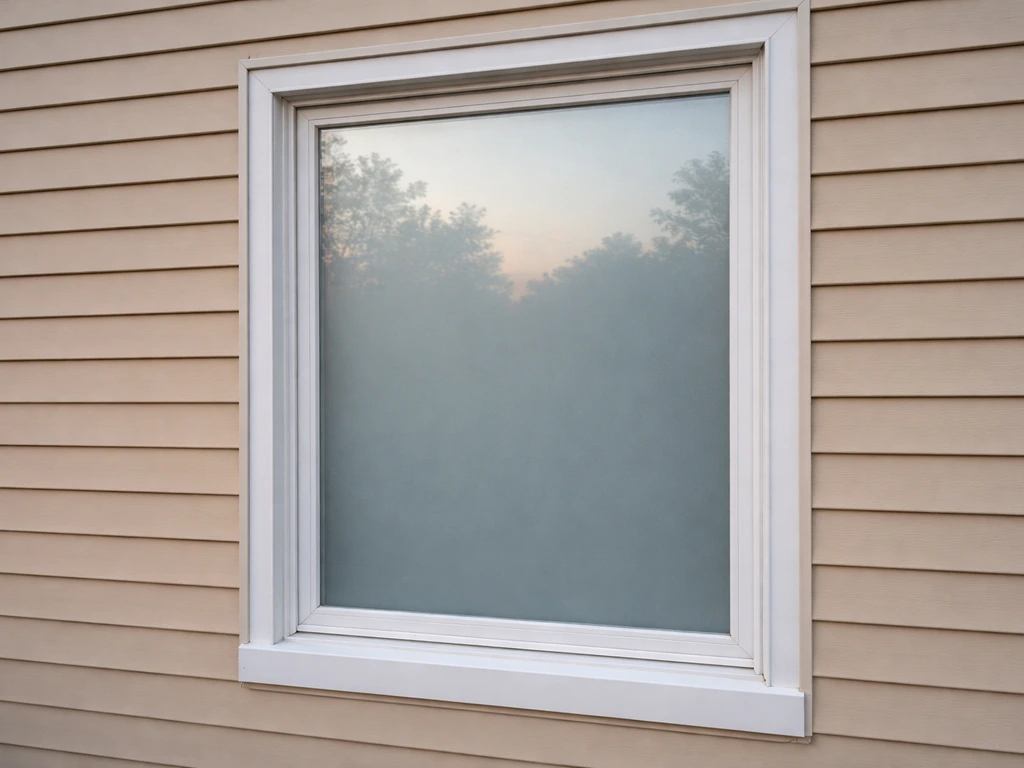 Close-up of a residential exterior window covered with opaque window film at dusk.