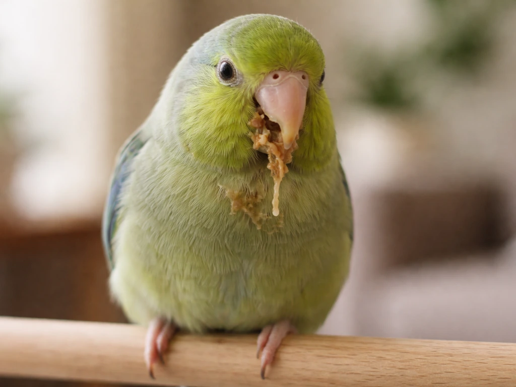 Close-up of a green parrot on a home perch with partially processed food visible near its beak