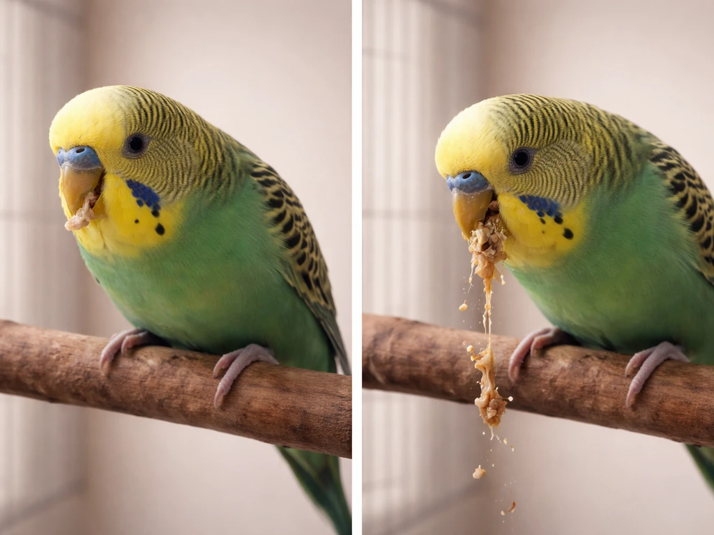 Side-by-side photos: a bird calmly regurgitating food vs a bird hunched and expelling food from vomiting.