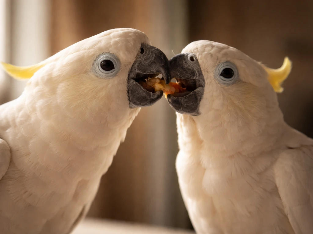 Two cockatoos in a quiet indoor setting, one leaning forward as the other accepts food.