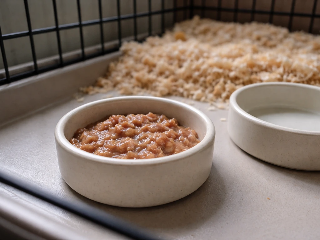Close-up of a pet feeding bowl with soft, warm food and a simple cage feeding setup.