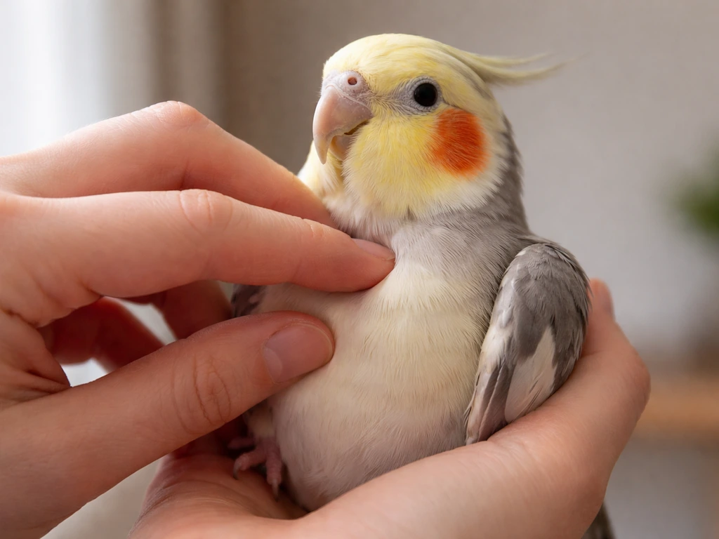 Caregiver gently touches a bird’s soft crop pouch at the base of the neck after feeding.