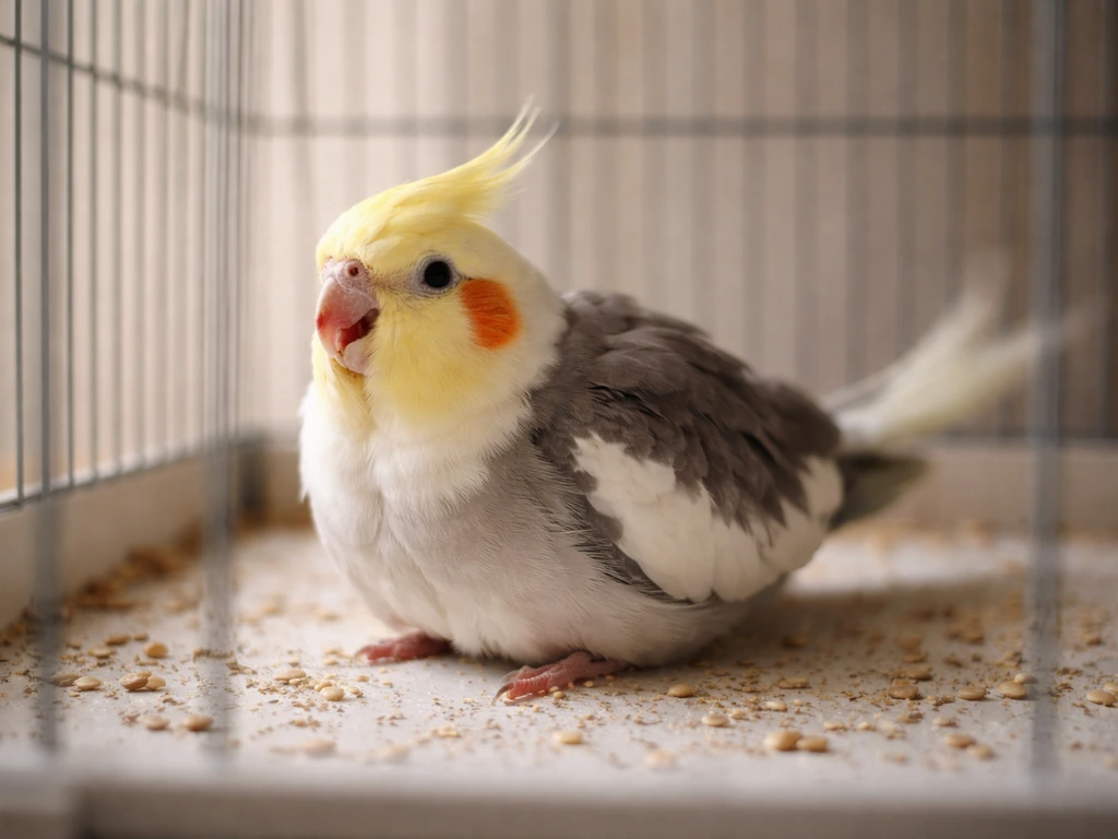 Cockatiel on the cage floor, fluffed up with subtle tail motion and slightly open beak breathing.