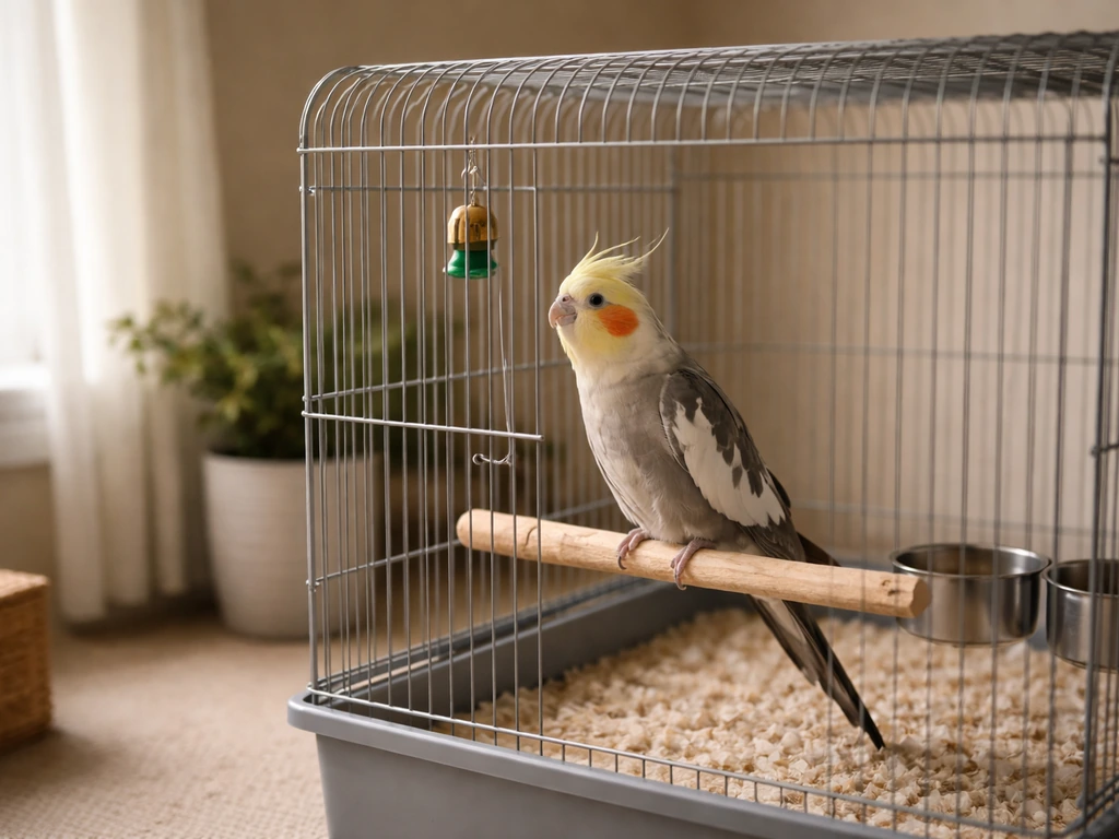 A cockatiel perched calmly in a quiet, neatly placed cage away from disturbances.