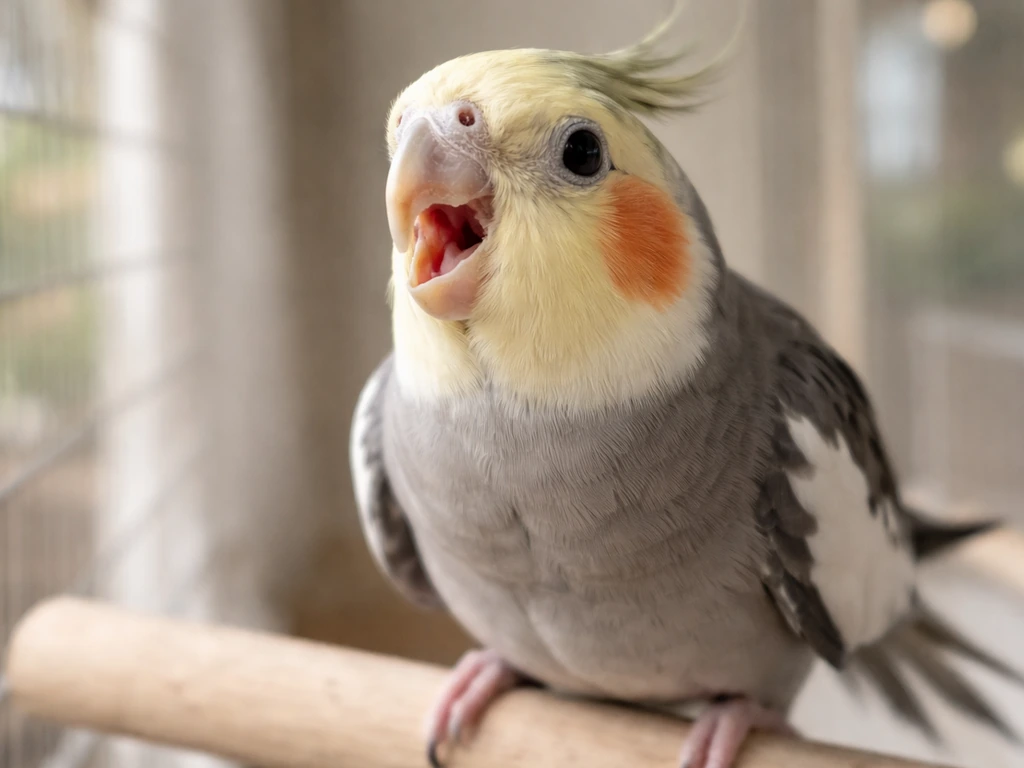 Close-up of a cockatiel with subtle tail bobbing and open-beak breathing, nostril area in focus.