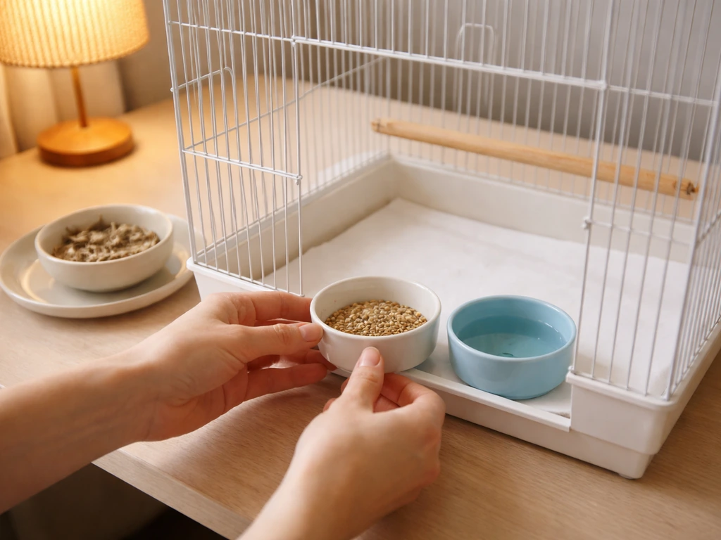 Hands replace an old bird food bowl with fresh food inside a clean, warm cage setup.