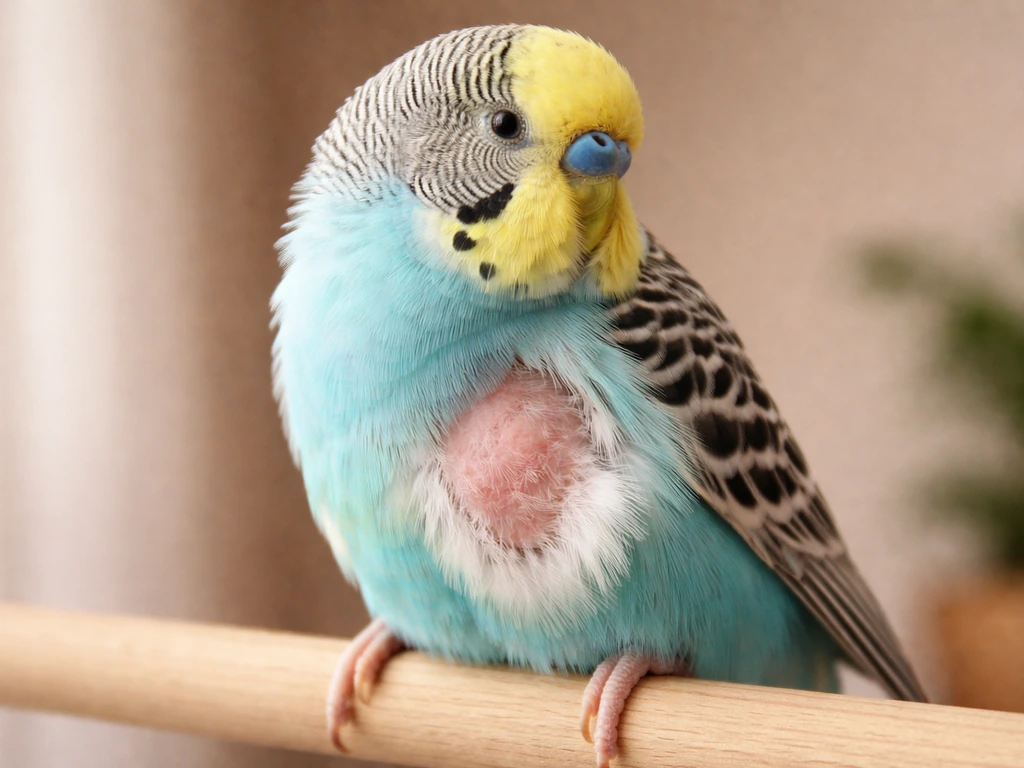 Close-up of a small pet bird with a visible bare bald patch and surrounding intact feathers.