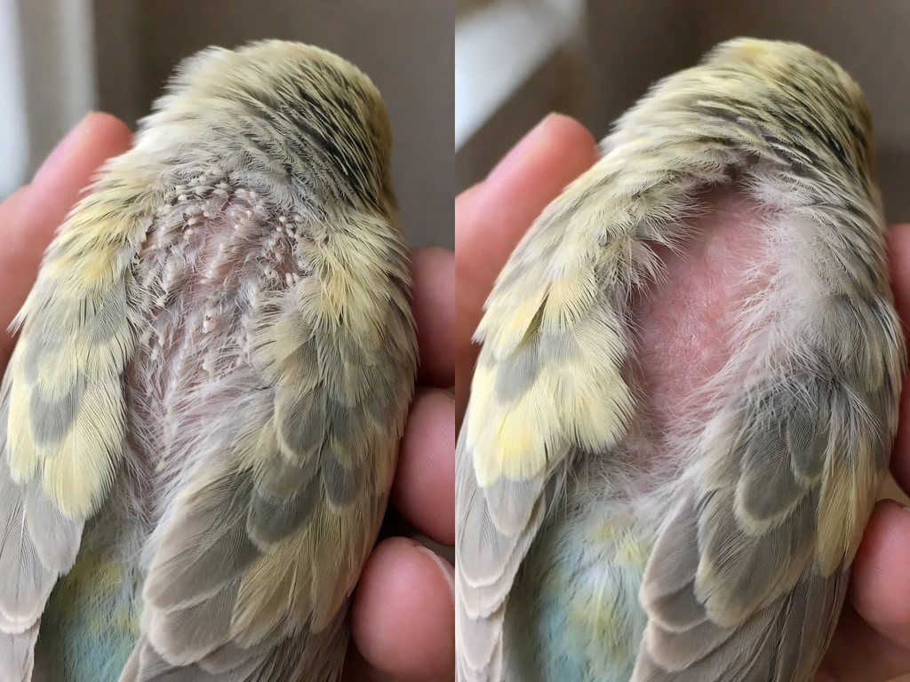 Close-up of a small bird’s feather area showing an even molting patch next to a bare thinning bald spot.