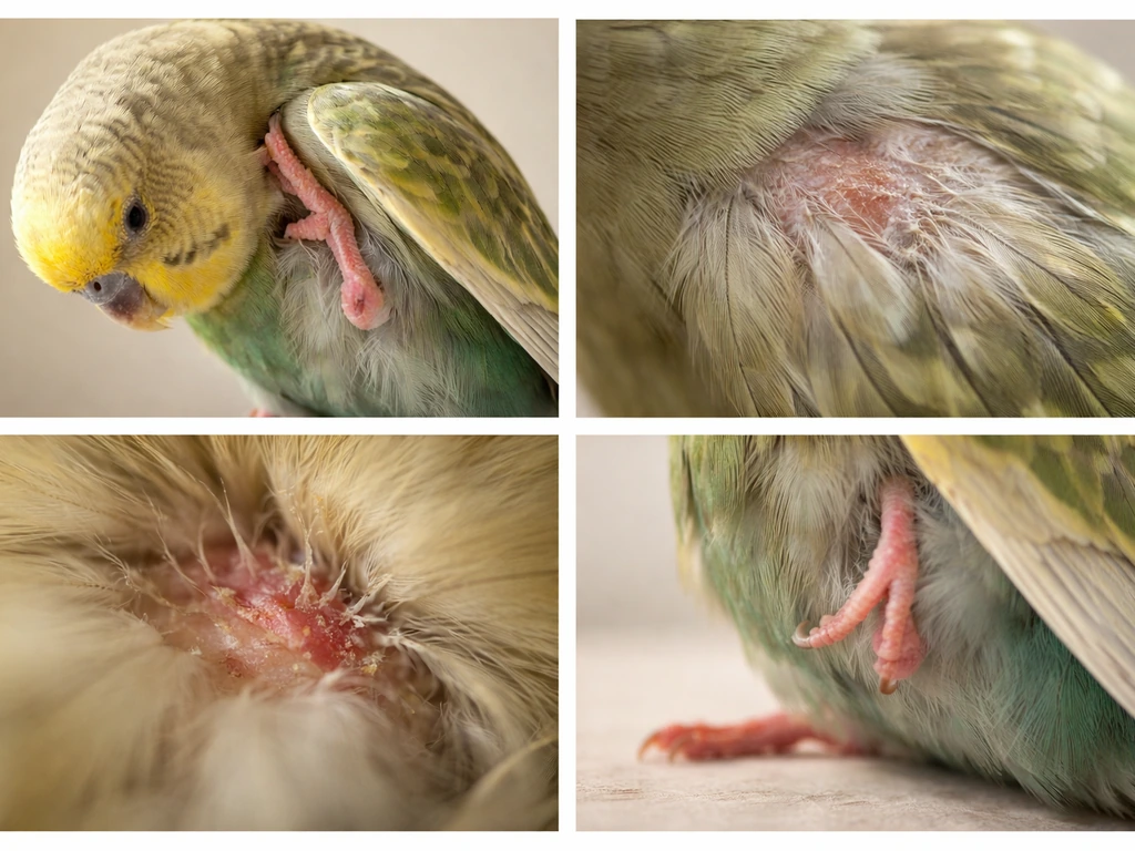 Four minimal close-up vignettes showing bird skin and feather signs like scratching, flaking, crusting, and redness.