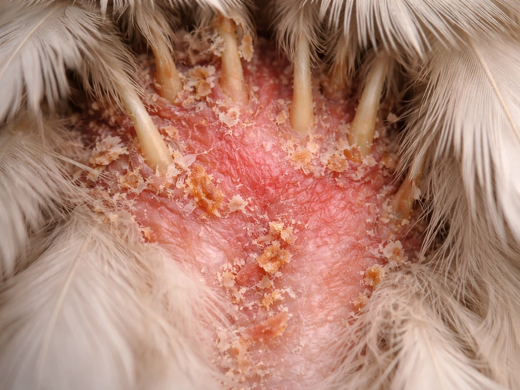 Close-up of a bird’s feather follicle area with localized redness and crusting/flaking skin.