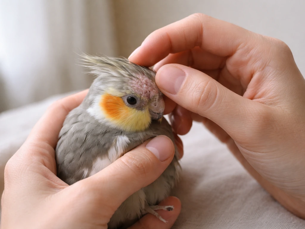 Person gently supporting a pet bird while closely inspecting a bald spot for bare skin vs thinning