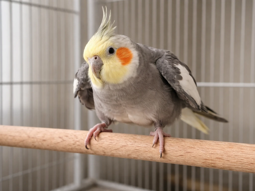 Close-up of a pet bird wobbling on a perch, walking side to side in a calm indoor setting.