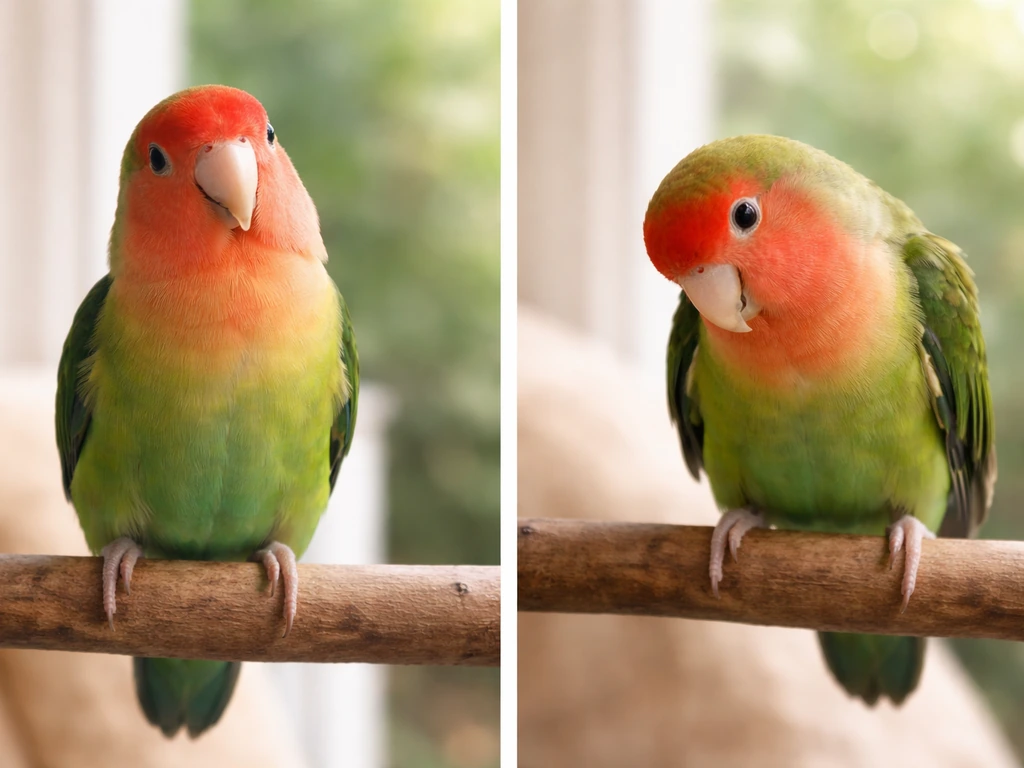 Split photo-like scene of a parrot calmly swaying on one side and warning-like unsteady signs on the other.
