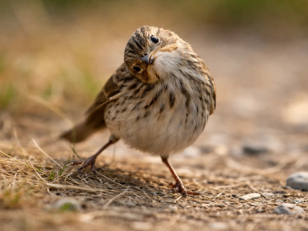 Small bird perched low with clear head tilt and unsteady, awkward footing suggesting balance issues.