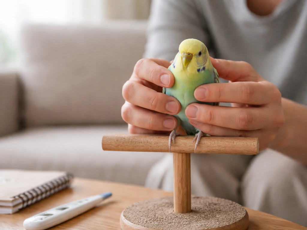 Caregiver gently holding a small bird near a perch while checking head tilt, grip, and stance at home.