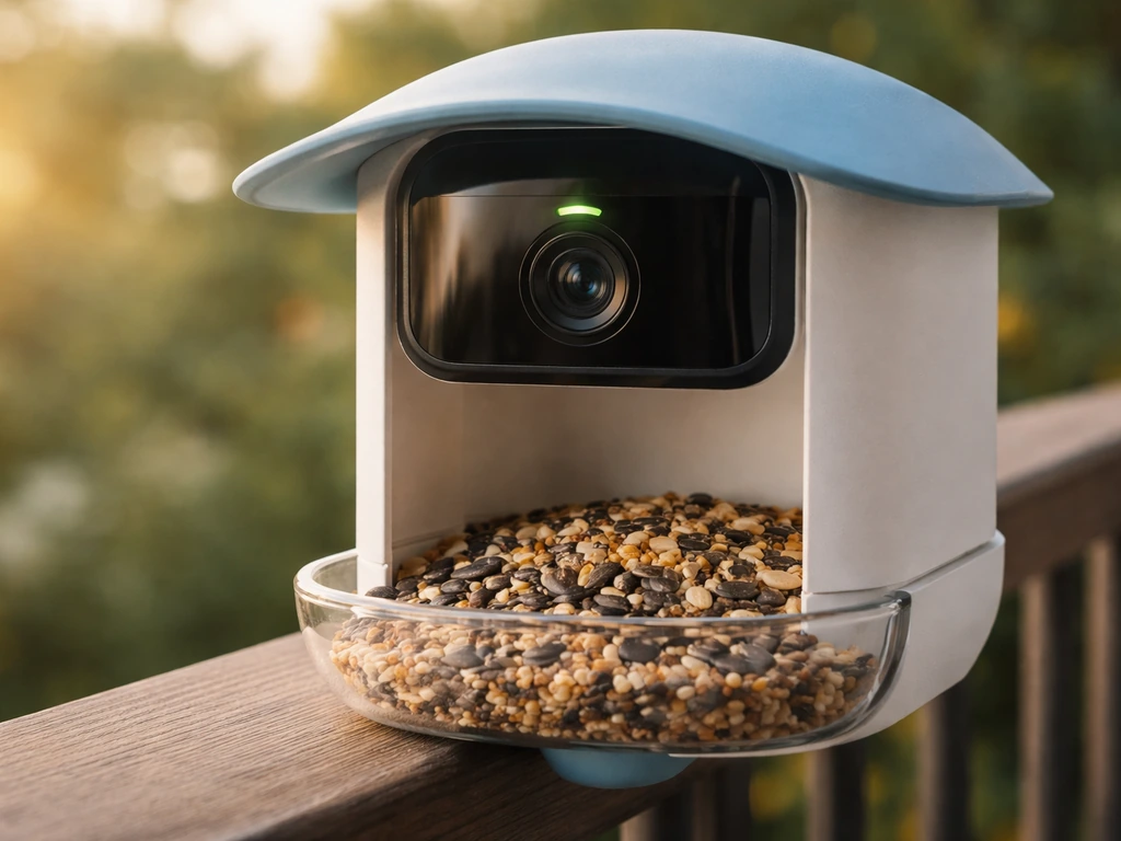 Close-up of a Bird Buddy feeder camera area under warm daylight, suggesting it isn’t capturing photos